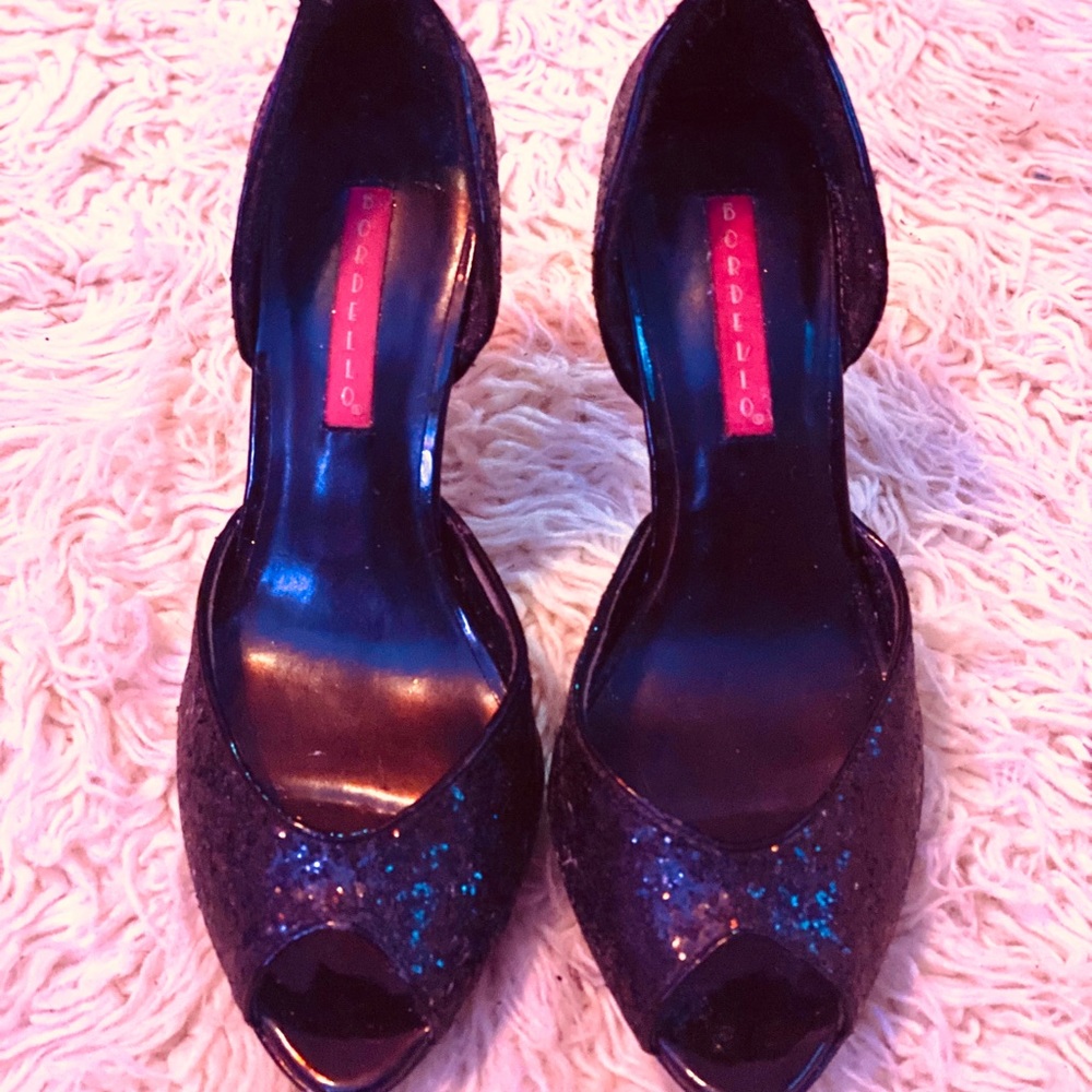 Black Glittery Open Toe Pleaser Bordello Stilettos